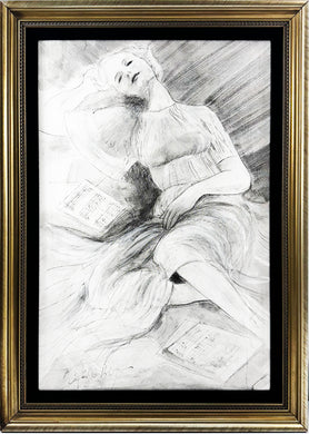 ALFRED G. HUBER 'Woman Reclining with Sheet Music' Custom Framed Original Graphite on Canvas