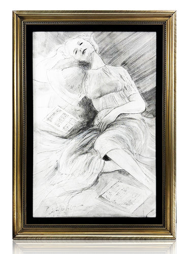 ALFRED G. HUBER 'Woman Reclining with Sheet Music' Custom Framed Original Graphite on Canvas - Signari Gallery 