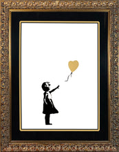 Load image into Gallery viewer, BANKSY &#39;Girl with Balloon&#39; (2021) Custom Framed Replica Screen Print (gold)