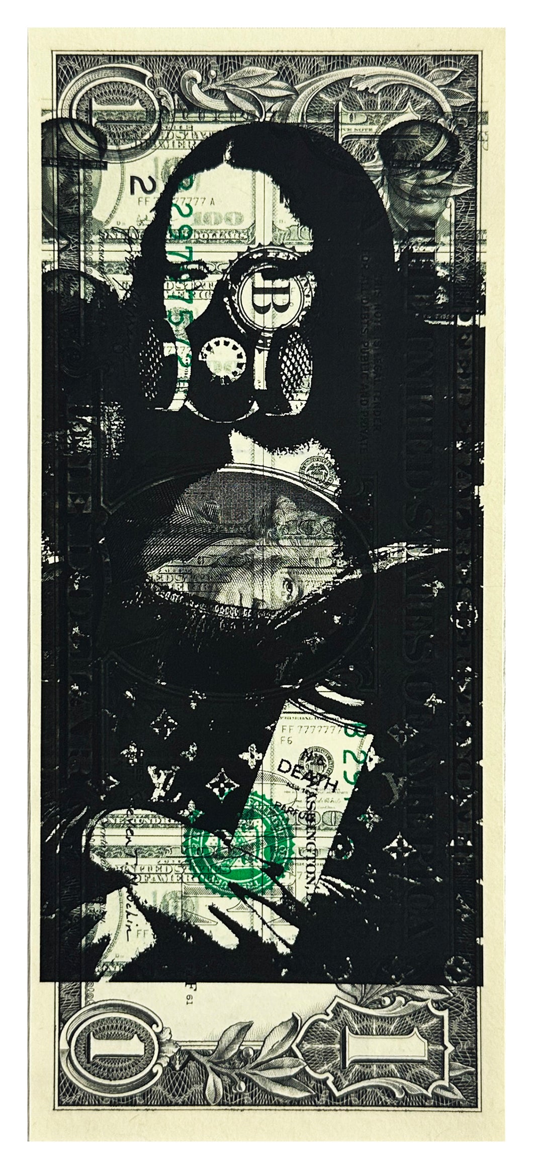 DEATH NYC 'Mona Lisa Gas Mask' Screen Print on Currency - Signari Gallery 