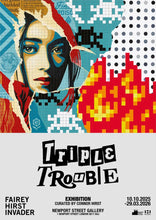 Load image into Gallery viewer, OBEY x INVADER x HIRST 'Triple Trouble' (2025) Offset Lithograph Exhibit Poster (grey)