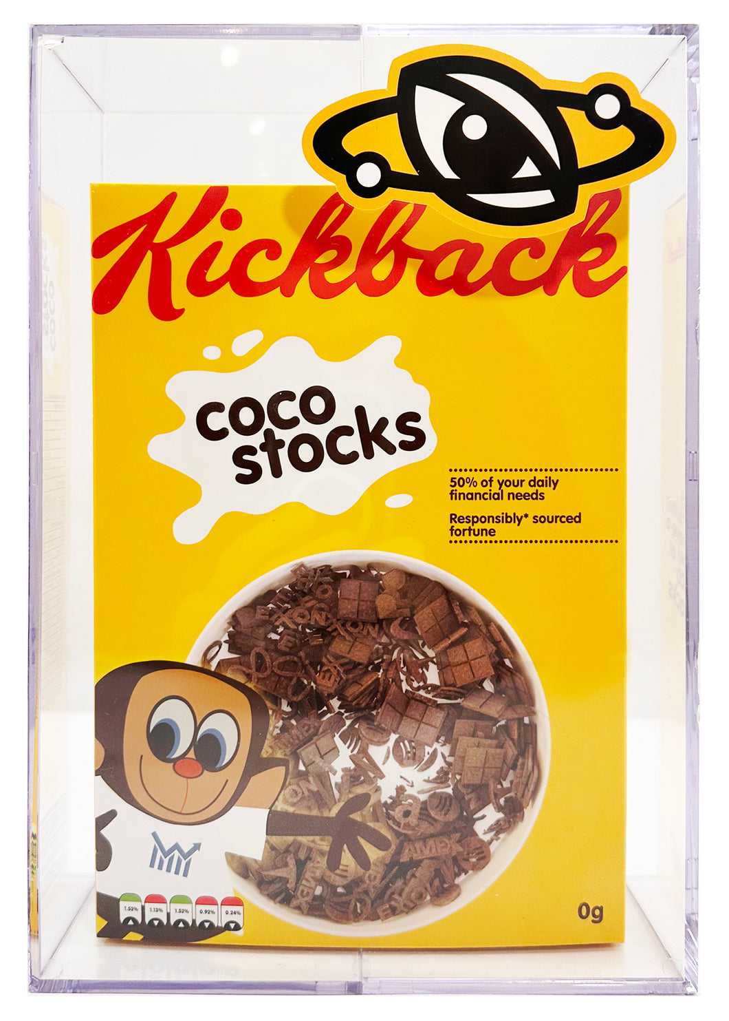 IMBUE 'Death + Taxes: You Can't Eat Money' (2021) Kickback Coco Stocks Cereal Box + Display - Signari Gallery 