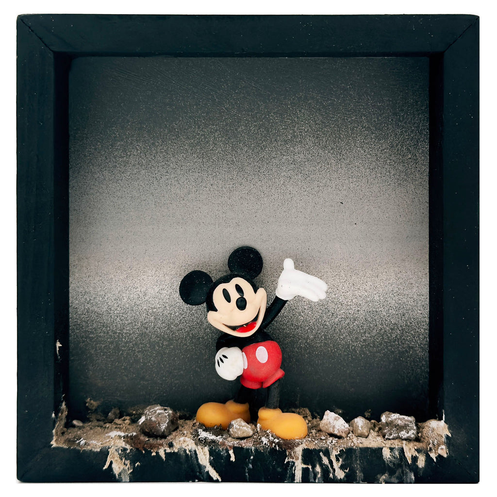 JEFF GILLETTE 'Mickey in Disneylandfill' (2026) Mixed Media + Figurine in Shadowbox Frame