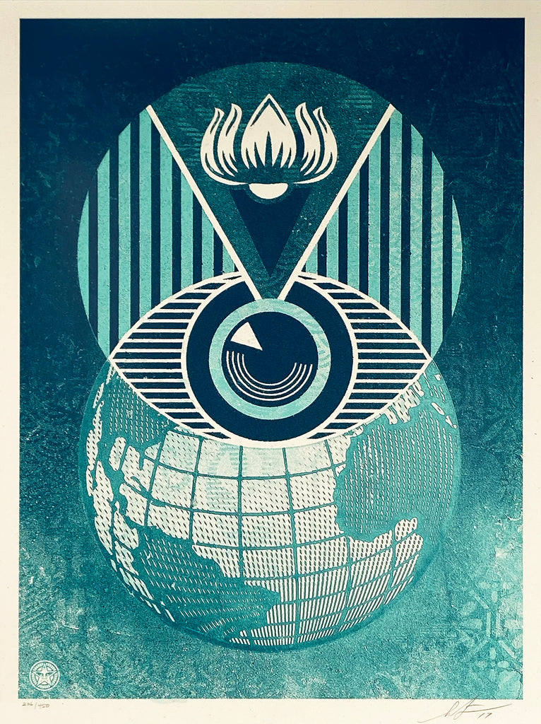 SHEPARD FAIREY 'Flint Eye Alert Globe' (2017) Rare Screen Print - Signari Gallery 