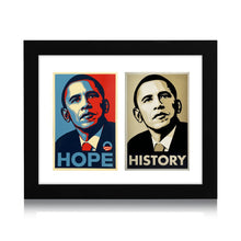 Load image into Gallery viewer, SHEPARD FAIREY &#39;Hope&#39; + &#39;History&#39; (2008-2009) Framed Original Obama Sticker Set