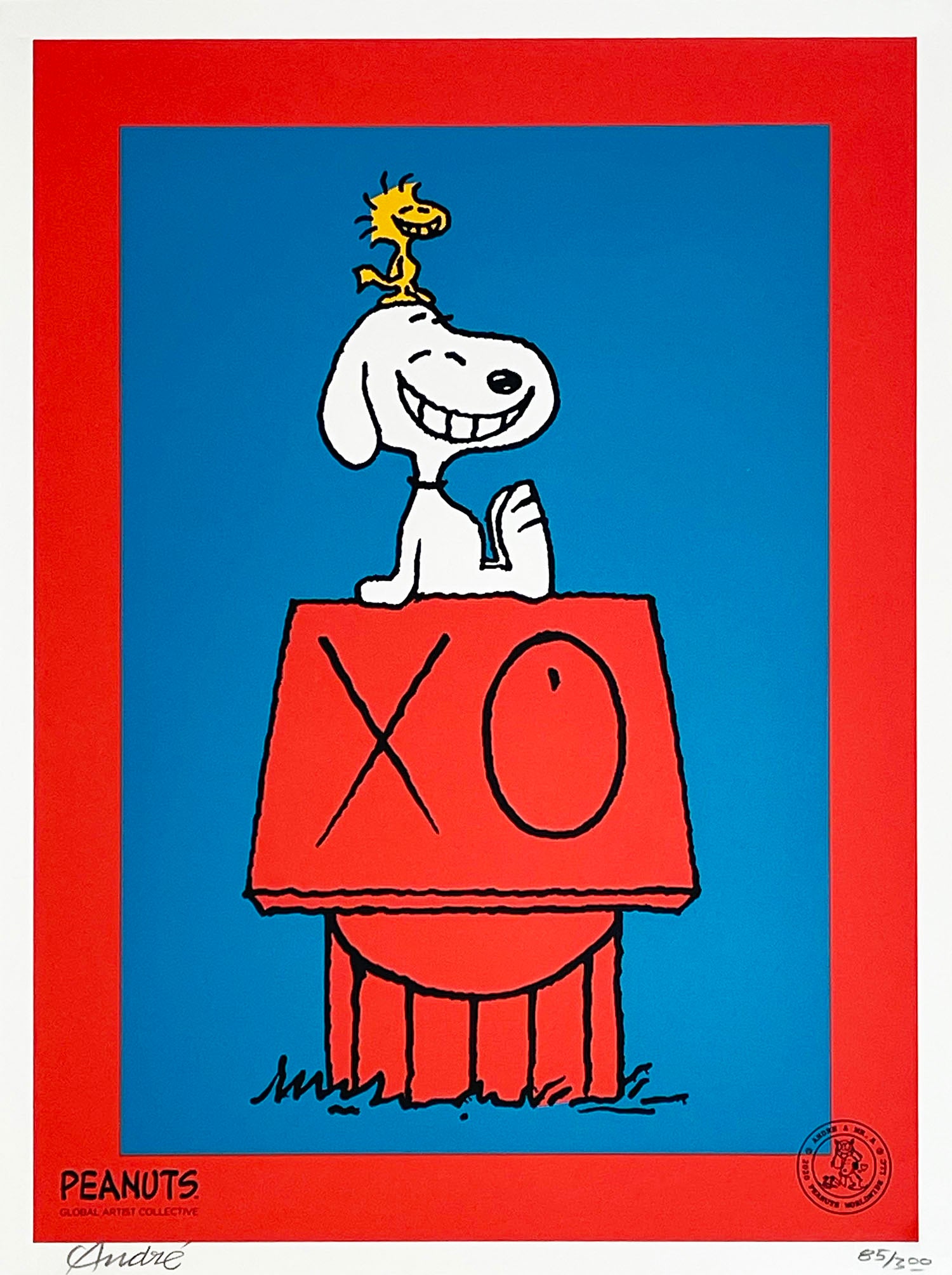 ANDRÉ SARAIVA 'Snoopy and Woodstock on Red House' Screen Print