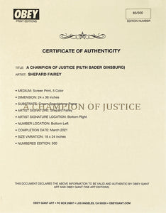 SHEPARD FAIREY 'Champion of Justice (RBG)' Framed Screen Print